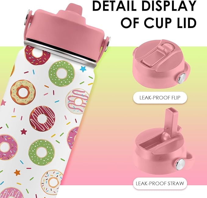 Donut Lover Gifts for Kids - 16oz Insulated Stainless Steel Water Bottle with Straw Lid, Leakproof BPA-Free Tumbler for School, Travel - Cute Donut Design Kids Cup for Boys & Girls (1pc)
