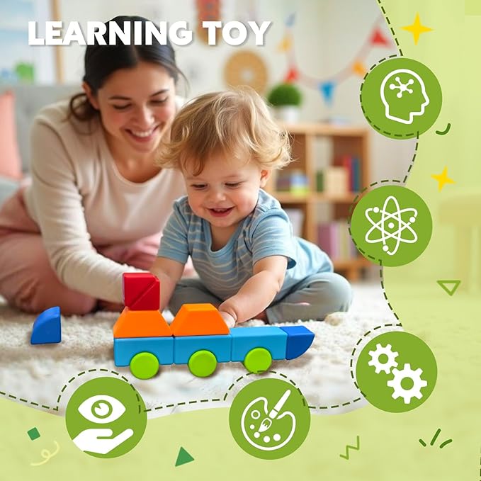 Magnetic Building Blocks, Large Magnetic Blocks for Kids Ages 1-3, 3D Geometric Shapes Stacking Blocks Set, Montessori Sensory Toys for Toddlers, Boys & Girls (12pcs)