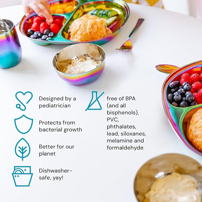 Ahimsa Stainless Steel Kids Dinnerware Set, Pediatrician Designed, 5 Piece Toddler Plates and Bowls Set, Stainless Steel Divided Plate, Cup and Kids Utensils, Rainbow