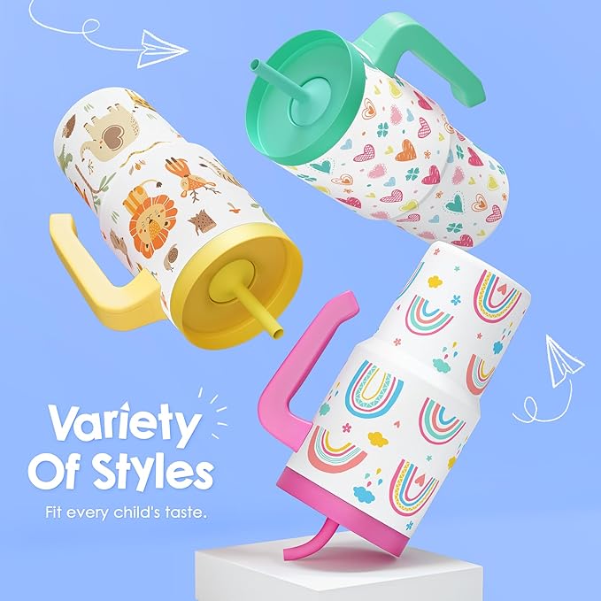 Rainbow Tumbler 20oz with Handle and Silicone Straw Lid for Kid, Insulated Stainless Steel Cup, Gift for Kids Girls, Gifts Idea for Birthday Christmas Back to School