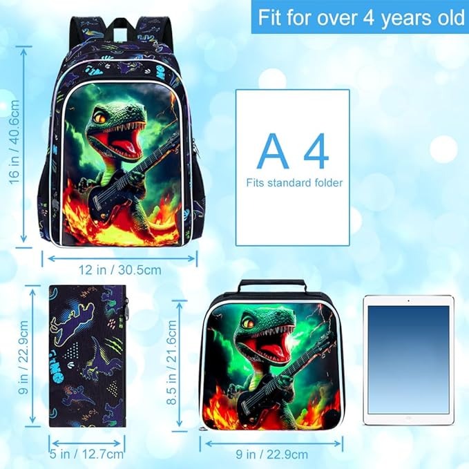 16" Dinosaur Backpack for Boy, 3Pcs Bookbag for Elementary Preschool Kindergarten, Kids School Backpacks with Lunch Box (Black)