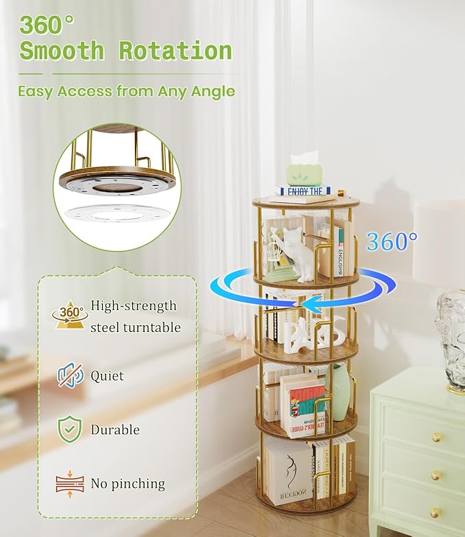 4 Tier Rotating Bookshelf Tower Round Gold,50” Floor Standing Spinning Bookshelf Tower Anti-Tipping Design,Metal & Wood Revolving Bookcase Stackable Space Saving for Small Spaces,Study,Living Room