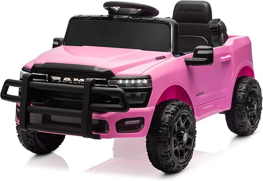 Kidzone 12V Licensed RAM 3500 Ride-On Truck for Kids, Battery Powered Electric Car w/Parent Remote Control & Manual Drive, Bluetooth, LED Lights - Pink