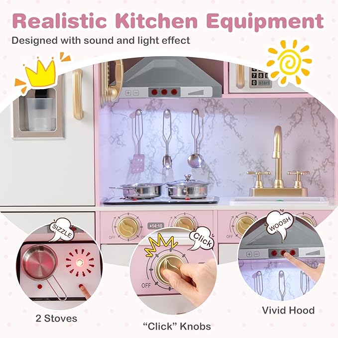 HONEY JOY Kids Kitchen Playset, Wooden Toy Kitchen Set with Lights & Sounds, Microwave, Ice Maker, Telephone, Range Hood, Cookware, Interactive Little Chef Pretend Play Kitchen for Toddlers (Pink)