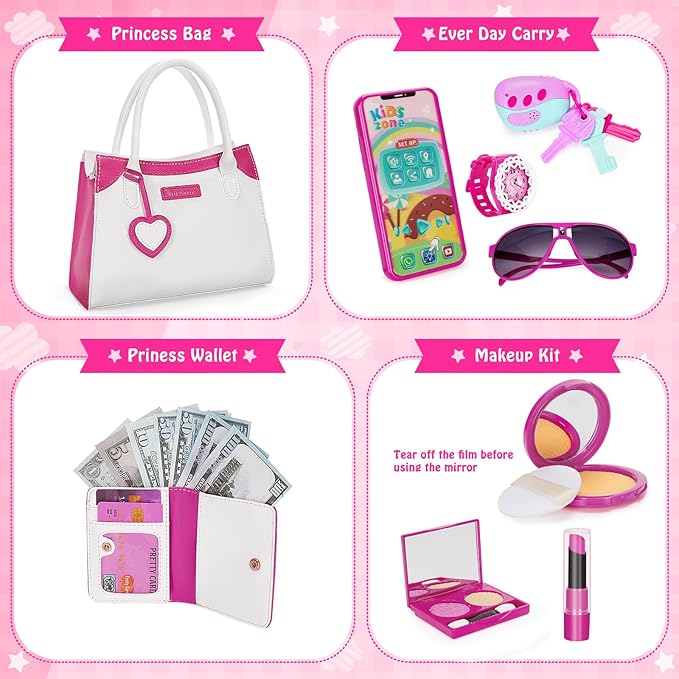 Officygnet Play Purse for Little Girls, Pretend Princess Play Toys for 3 4 5 6 7 8 Year Old, Toddler Purse with Accessories, Kids Toy Birthday for Girls Ages 3-5 4-5 6-8(White)