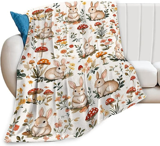 Bunny Blanket, Rabbit Printed Throw Blanket, Bunny Mushroom Gifts Blankets Stuff Fleece Flannel Plush for Girls Women Men Boys Lovers Adults Soft Bedding Gift for Sofa Bed Office Home Decor 80"x60"