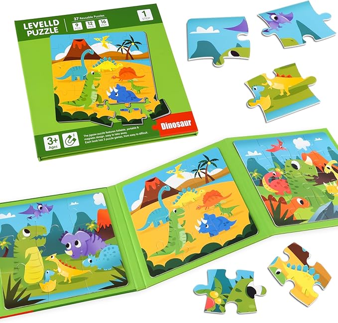 ASTARON Magnetic Puzzles for Toddlers, 16-20-25 Pieces Dinosaur Land Learning Magnet Puzzles for Road Trip, Educational Travel Toys Car Plane Activities for Kids, Kids Birthday Gifts
