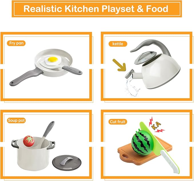 90Pcs Kitchen Playset Accessories, Pretend Cooking with Pots, Pans, Cookware, Food, Fruit, Veges, Color Sorting Baskets, Prop Money, Learning Gift for Girls Boys Toddlers (White)