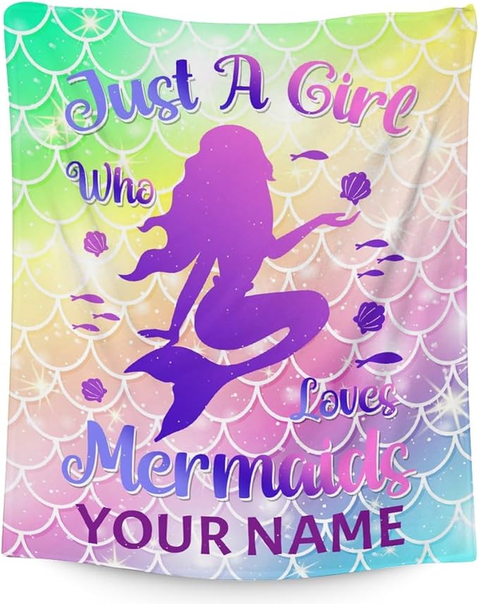 Personalized Mermaid Blanket with Name - Soft, Fuzzy & Warm - 30"x40" Small Blanket for Couch, Office - Colorful Cute Throw Gifts for Girls