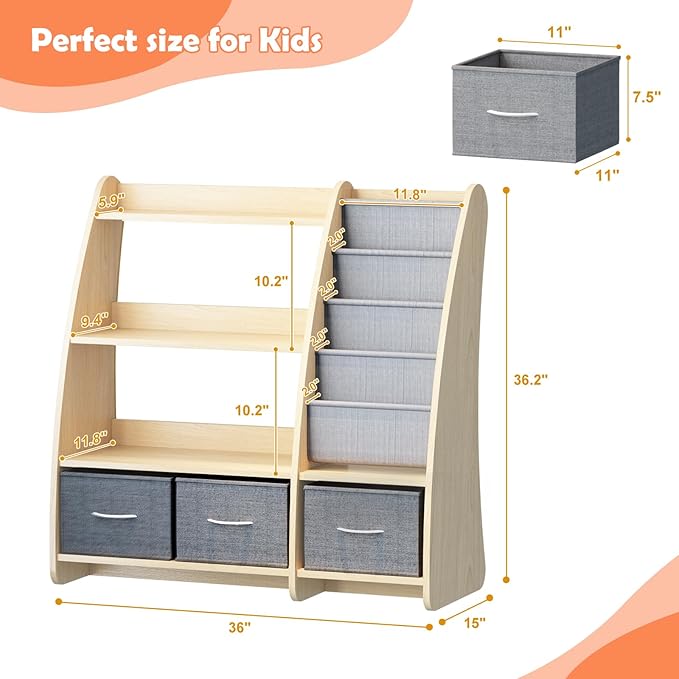 Kids Bookshelf Wood Toy Storage Organizer Cabinet Children Bookcase Toddler Baby Sling Book Rack 3 Cube Bins Sail Boat Arc Shape for Playroom Bedroom Nursery Classroom