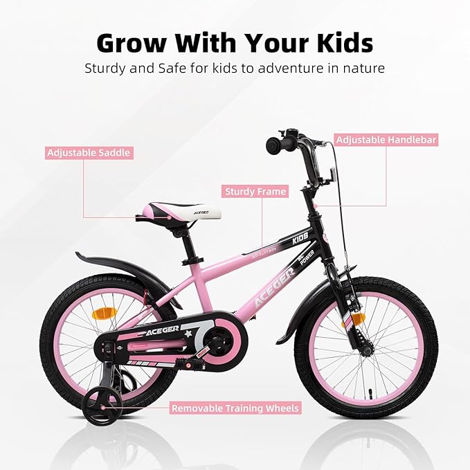ACEGER Simon Kids Bike for Boys Girls Toddlers, Unisex for Aged 3-13 Years, 12 14 16 18 Inch Children Bicycle with Training Wheels, 20 Inch Bike with Kickstand