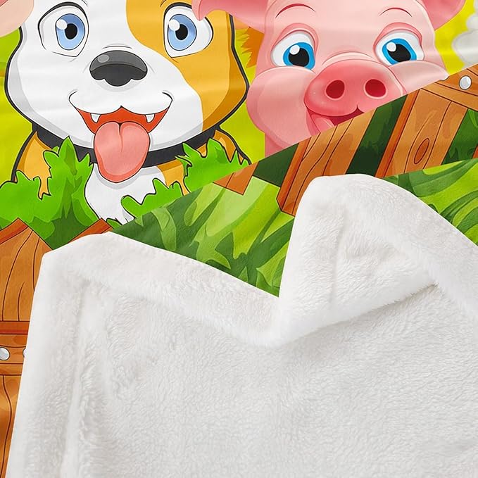 Kids Cartoon Fleece Throw Blanket Toddler Cute Farm Animals Sherpa Blanket Cattle Sheep Pigs Dogs Horses Plush Blanket for Boys Girls Farmhouse Soft Fuzzy Blanket for Sofa Bed Couch, 40x50 Inch