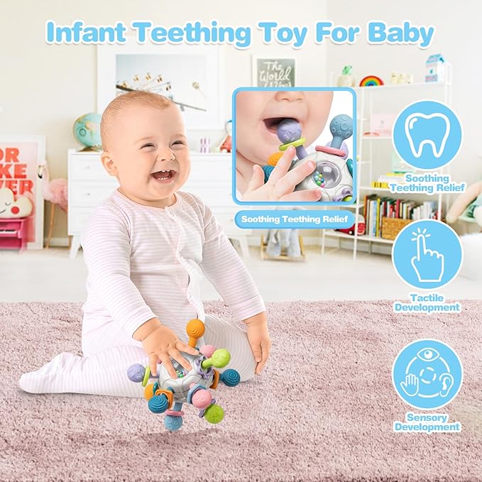 SpringFlower 0-3-6-12 Months Baby Toys, 5 in 1 Montessori Toys for Babies, Teething Toy & Stacking Building Block & Ring & Silicone Pull String, Sensory Development Baby Infant Toy, Gift for Babies