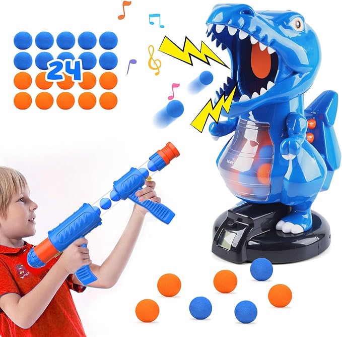 EagleStone T-Rex Dinosaur Shooting Toys for 6 7 8 Year Old Boys, Electronic Shooting Target Game with Air Pump Gun, 24 Balls, Foam Blaster Boy Toys Age 6-8 8-10, Christmas Birthday Gifts for Kids