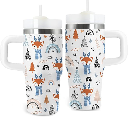 Fox Gifts for Girls - 14oz Kids Forest Red Fox Tumbler with Handle and Straw, Stainless Steel Insulated Water Bottle, for Sport, School, Travel - Animal Lovers Children Birthday Gifts Cups(1pc)