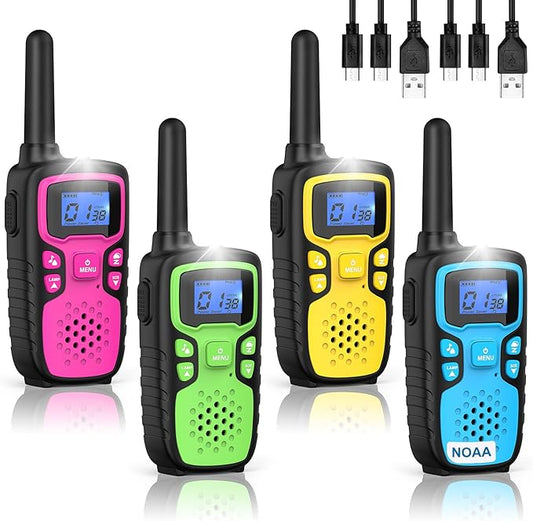 Wishouse Walkie Talkies for Kids Rechargeable Long Range,Xmas Birthday Gift for 4 5 6 7 8 9 Year Old Boys Girls,Hiking Gear Camping Games Cool Toys with NOAA,SOS Siren,Lamp,Lanyards,Easy to Use,4 Pack
