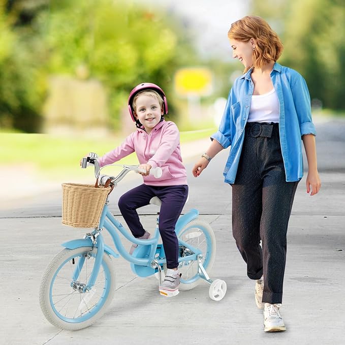 COSTWAY Kids Bike, 14 16 18 Inch Toddler Bike with Training Wheels, Basket, Adjustable Seat & Handlebar, Hand & Coaster Brakes, Bell, for Girl Boy Aged 3-8 Years Old