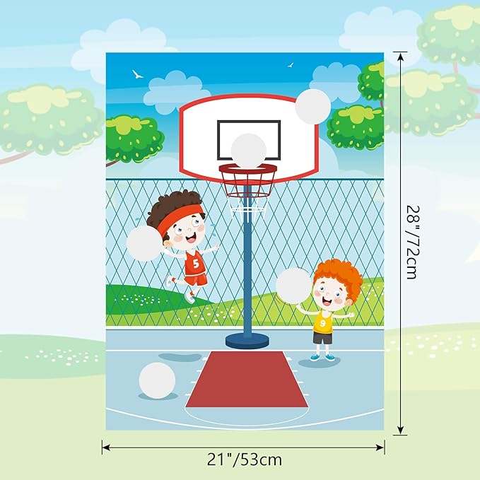 PLULON Basketball Party Game Pin The Basketball On The Hoop Birthday Party Game for Kids Large Basketball Poster with Basketball Stickers for Boy Girl Classroom Activities Birthday Party Decorations