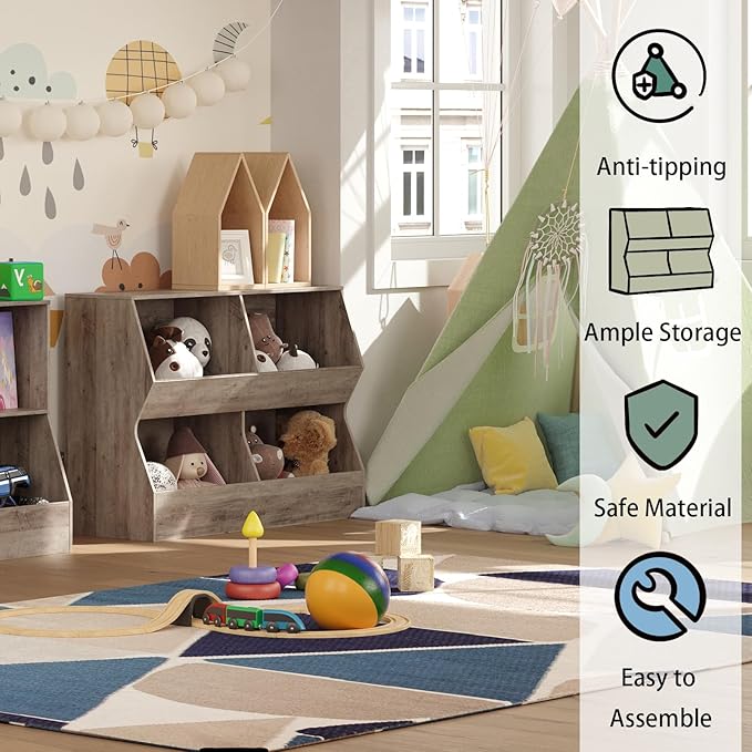 DINZI LVJ Kids Bookshelf, Toy Storage Organizer, Wooden Toy Storage Cabinet, 4 Cubby Children Bookcase, 39.4" L Toddler Book Shelf for Bedroom, Nursery, Hallway, School, Greige