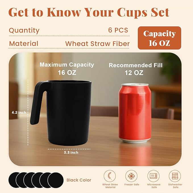 Homienly Wheat Straw Coffee Mugs 6 PCS, Alternative to Plastic Mugs with Handles, Unbreakable Coffee Mugs, Reusable Camping Mug Drinking Cups Set, Microwave and Dishwasher Safe Cups for Kitchen(Black)