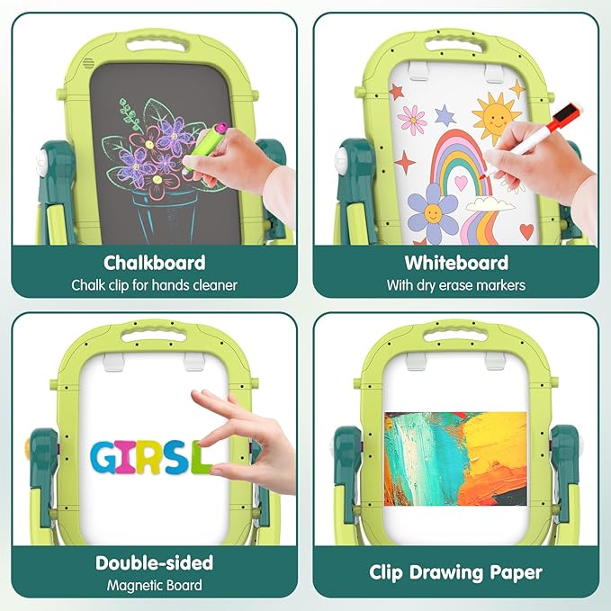 Easel for Kids, Toddler Art Easel Adjustable Standing, Magnetic Double Sided Easel with Painting Accessories Gift for Boys and Girls (Green)