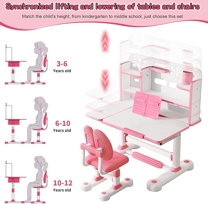 2025 Upgraded Kids Study Desk and Chair Set, 50 Degree Tiltable&Height Adjustable Kids Desk with Storage Drawers and Bookshelf (Pink-New 2)