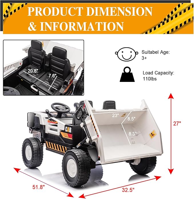 24V 4WD 2-Seater XL Kids Ride on Truck Electric Toy Car with Electric Dump Bed, Parents Remote Control Kids Car Tractor Toys Ride-on Dump Truck for Boys and Girls Ages 3+, White
