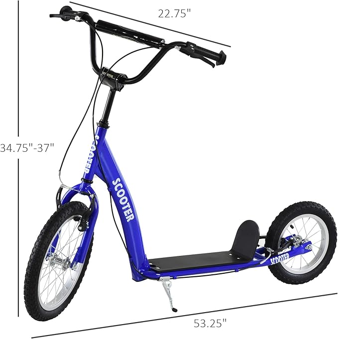 Aosom Youth Scooter Kick Scooter for Kids 5+ with Adjustable Handlebar 16" Front and 12" Rear Dual Brakes Inflatable Wheels