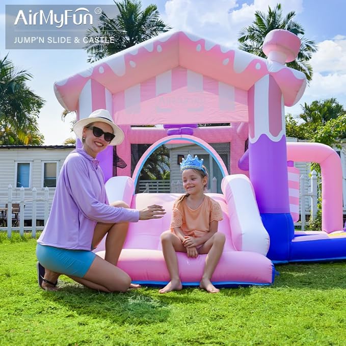 AirMyFun Pink Ice Cream Themed Inflatable Bounce House for Kids - Indoor/Outdoor Jumping Castle with Slide, Ball Pit, Wrecking Ball & Bounce Area, Durable Party Playground for Toddlers Boys Girls
