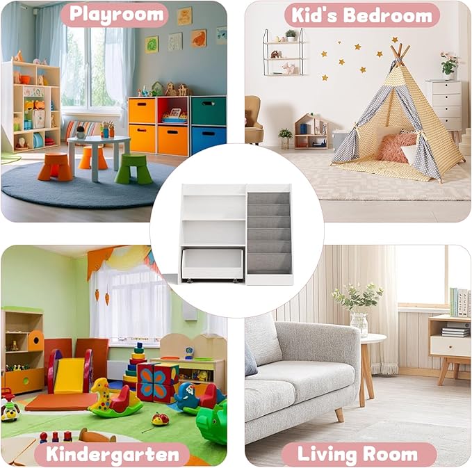 COZPAW Kids Bookshelf and Toy Storage, 4 Tier Toddler Bookshelf with Movable Drawer 5 Sling Pockets, Montessori Book Shelf for Kids Room, Playroom, Nursery (White)