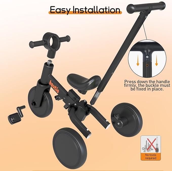 Tricycle for Toddlers 1-3 with Push Handle, 5 in 1 Baby Balance Bike for 1-4 Years Old Kids Toy, Boys Girls Bicycle Gift with Removable Pedals, Black (No Parent Steering Version)