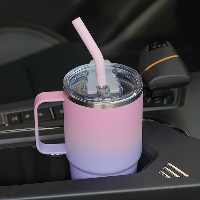 Sursip 24 oz Insulated Cup with Handle, Double Wall Vacuum Stainless Steel Tumbler with Straw and 2 Lids, For Cold/Hot Drinks, Coffee Travel Mug for Car/Home/Office/Party/Camping (Pink＆Purple-1 Pack)