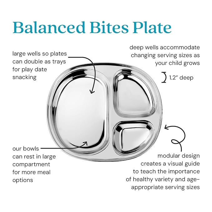 Ahimsa Stainless Steel Plates For Kids, Pediatrician Designed Divided Plates for Toddlers & Baby, Non Toxic, Unbreakable & Dishwasher Safe, Set of 4