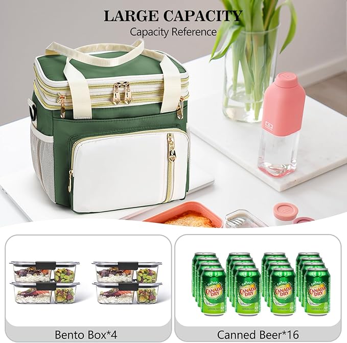 LOKASS Lunch Box for Women/Men-16L-Insulated Lunch Bag, Expandable Double-layer Leakproof Cooler Bag with Upgrade Adjustable Shoulder Strap Ideal for Work/Travel/Picnics（Army Green）