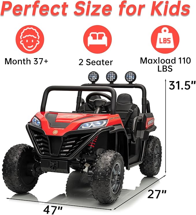 24V Side by Side Ride On UTV, Battery Powered 4x4 Ride On Car with Remote Control, Kids 2 Seater Electric Car with Bluetooth, Red