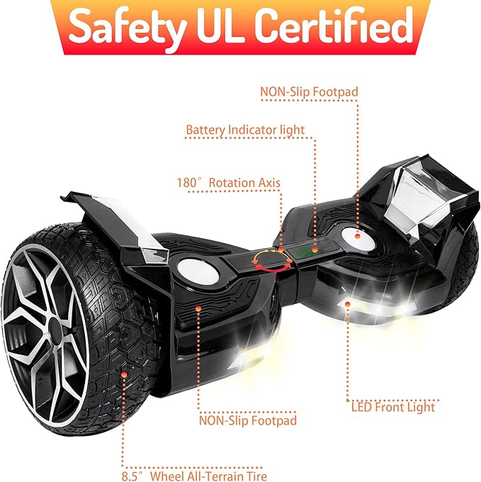 8.5” All Terrain Hover Board, Off Road Self Balancing Scooter with Bluetooth and LED Lights, UL2272 Safety Certified (Black)