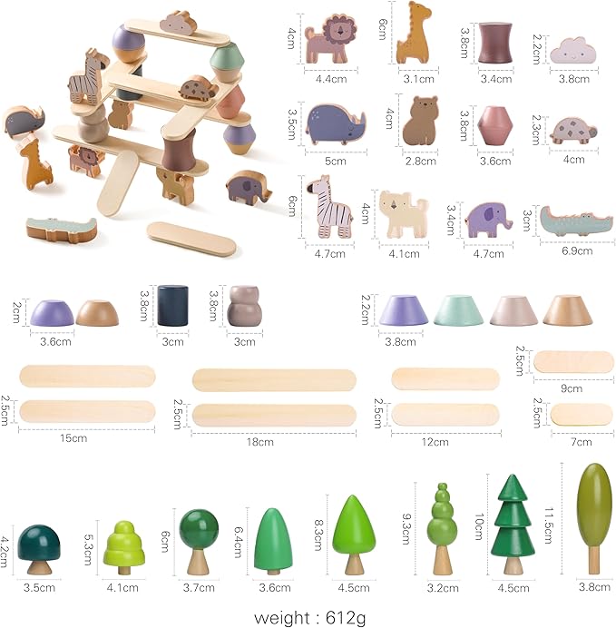 Wooden Animal Forest Balance Stacking Toy Set 36PCS Wood Miniature Tree Blocks Set Elegant Ornaments for Home Decor Wooden Mini Trees Animals Balance Toy for Toddler 36 Months+