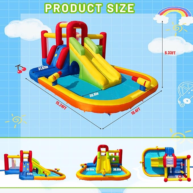 Bounce House Inflatable Water Slide for Kids, Water Park With Splash Pool, Double Cannon, 2 Climbing Walls, Obstacles, Blow Up Jumping Castle With Blower