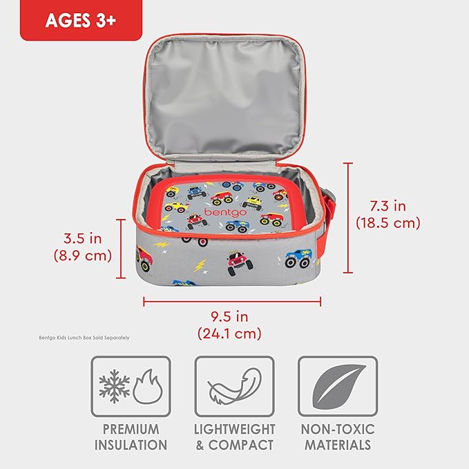 Bentgo Kids Insulated Lunch Tote - Water-Resistant, Reusable, Lightweight & Durable Lunch Bag with Water Bottle Holder & Exterior Pocket, Fits Lunch Box & Water Bottle - Ideal for Ages 3+ (Trucks)