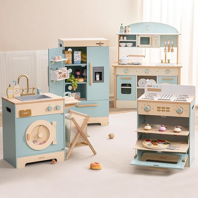 ROBOTIME Wooden Play Kitchen, Toddler Kitchen Playset with Oven, Fridge & Washing Machine, Kids Kitchen Playset Gift for 3+ Year Old Boys & Girls