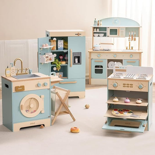 ROBOTIME Wooden Play Kitchen, Toddler Kitchen Playset with Oven, Fridge & Washing Machine, Kids Kitchen Playset Gift for 3+ Year Old Boys & Girls