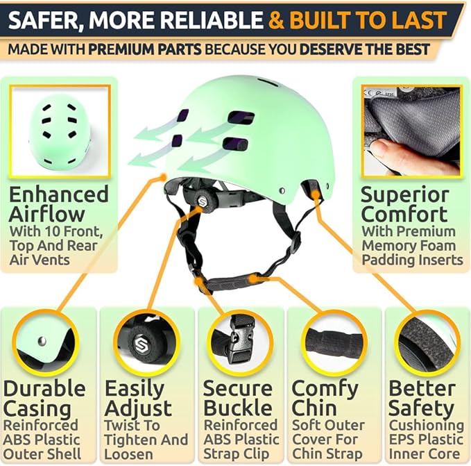 SKITCH Skateboard Helmet for Kids and Teens with Premium Grade Memory Foam Padding | Triple Certified Adjustable Protective Sport Head Gear for Scooter Roller Skate Inline Skating and Rollerblading