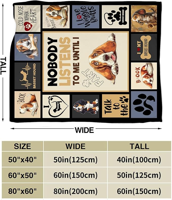 Basset Hound Blanket Fleece Soft Warm Plush Cute Dog Throw Blanket Lightweight Plush Fuzzy Cozy Dogs Animal Blankets Gift for Girls Boys Kids Adult Suitable for Couch Sofa Bed 80"X60"