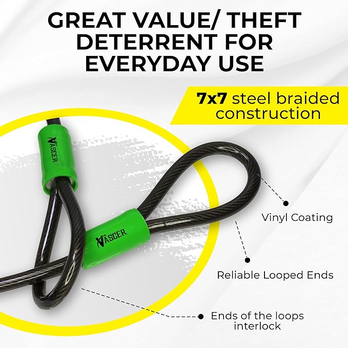 Heavy Duty Security Cable with Loops - 30 Feet (3/8") Bike Cable Lock Cut Resistant with Braided Steel and Vinyl Coating -Security Chain Lock for Bicycle, Boat, Ladder, Gate, Mower & Equipment