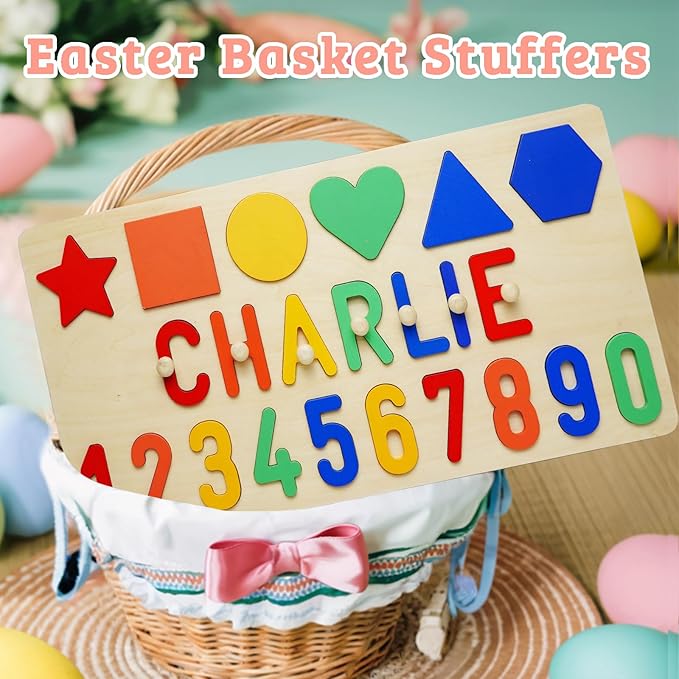 Name Puzzle for Kids Personalized Baby Gifts Wooden Toys Puzzles for Toddlers 1-3 Shapes Number Puzzle Educational Learning Toys Customized for Boys Girls First Birthday