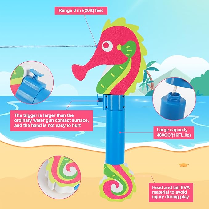 Water Gun Pool Toys for Kids, Ocean-Themed Water Blaster with Auto-Refill & Swim Float, 16oz Large Capacity for Pools, Beach, Outdoor Water Pistol Toy, Seahorse Design Ages 5+ Boys Girls