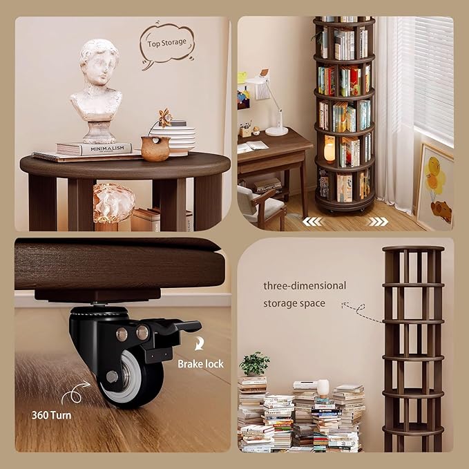 6 Tier Rotating Bookshelf 360° Solid Wood Spinning Book Shelf Tower on Wheels Rolling Revolving Bookcase for Small Spaces, Corner, Bedroom, Kids Room, Office — Walnut