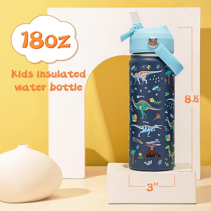 18oz Kids Insulated Water Bottle with Straw Lid - 18/8 Stainless Steel Kid Cup Travel Tumbler Double Wall Vacuum Leak Proof Portable Toddler Water Bottle (Game + Dinosaur)
