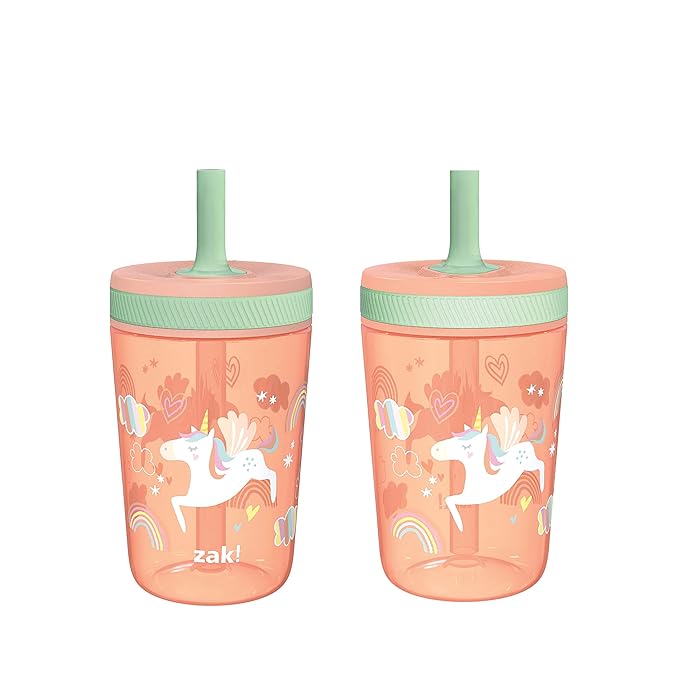 Zak Designs Kelso Tumbler Set 15 oz, (Unicorn) Leak-Proof Screw-On Lid with Straw Made of Durable Plastic and Silicone, Perfect Cup Bundle for Kids (2pc Set)