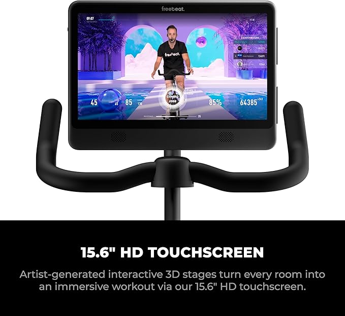Freebeat Boom Exercise Bike, Smart Spin Bike for Home, 15.6'' HD Touchscreen, Auto Resistance, Compact Stationary Bike with Screen, Bluetooth, Scenic Rides, Training Algorithm, Gamified Classes with Expert Instructors